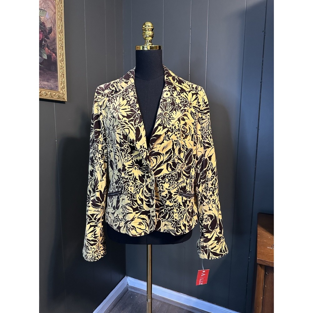 Vintage‎ A LINE Yellow Brown Velvet Blazer Womens Cotton Button Front Jacket NWT